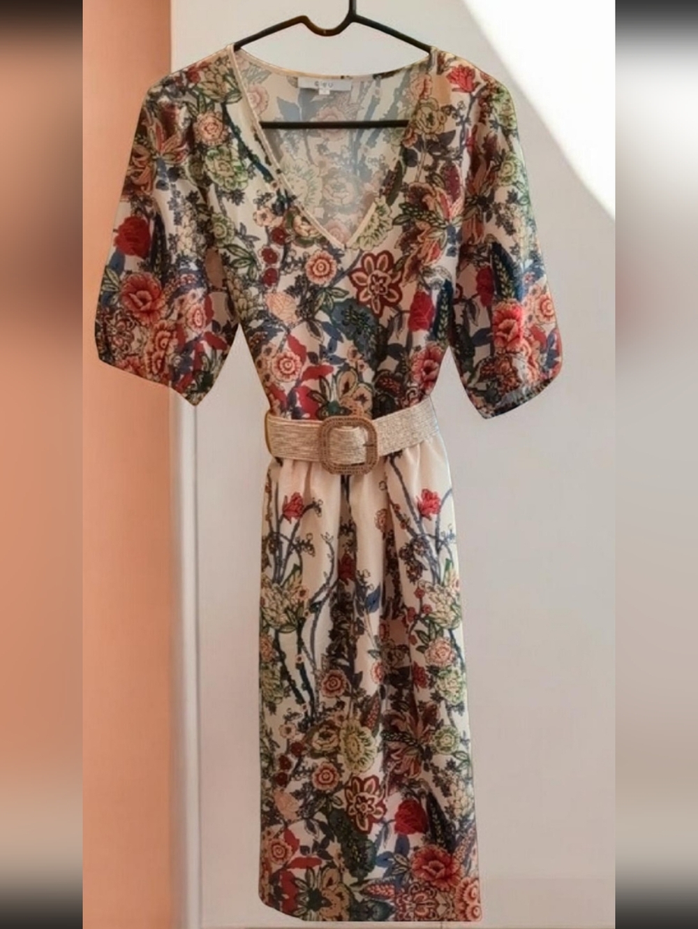 Cleo V-Neck Midi Dress in Cream with Red, Blue & Green Floral Print